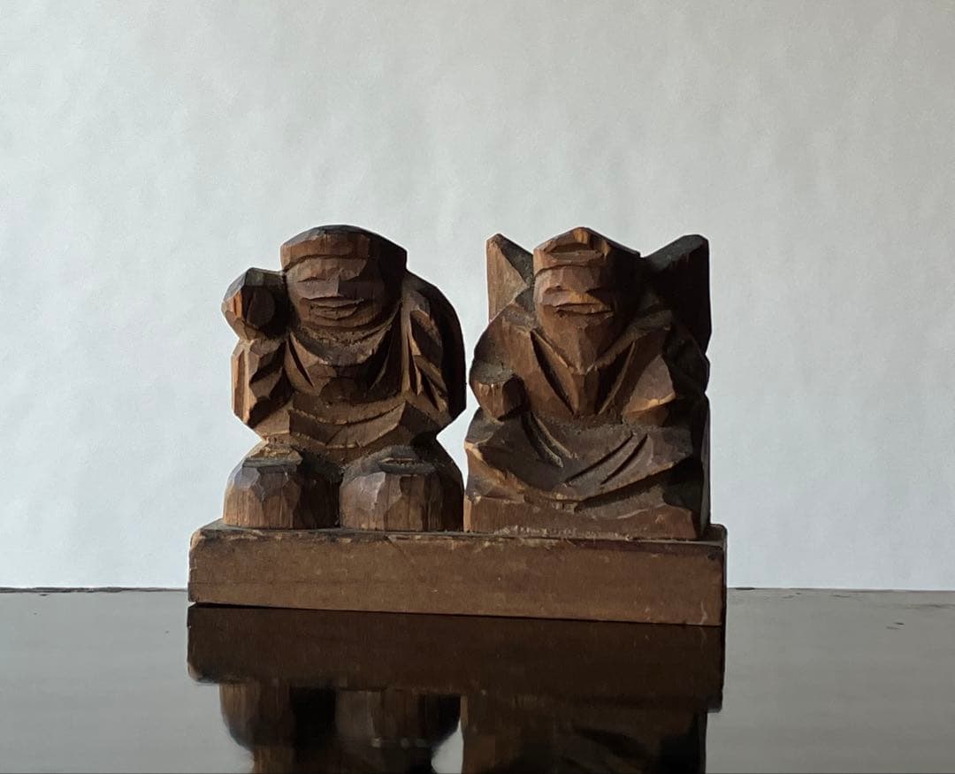 【古小さ良い 木彫 恵比寿 大黒天 約3.5㎝ 江戸後期〜頃】懐中仏豆仏民間信仰