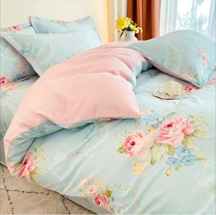 新品★水色薔薇小花リボンレース柄綿100%シングル掛け布団カバー1枕カバー2枚