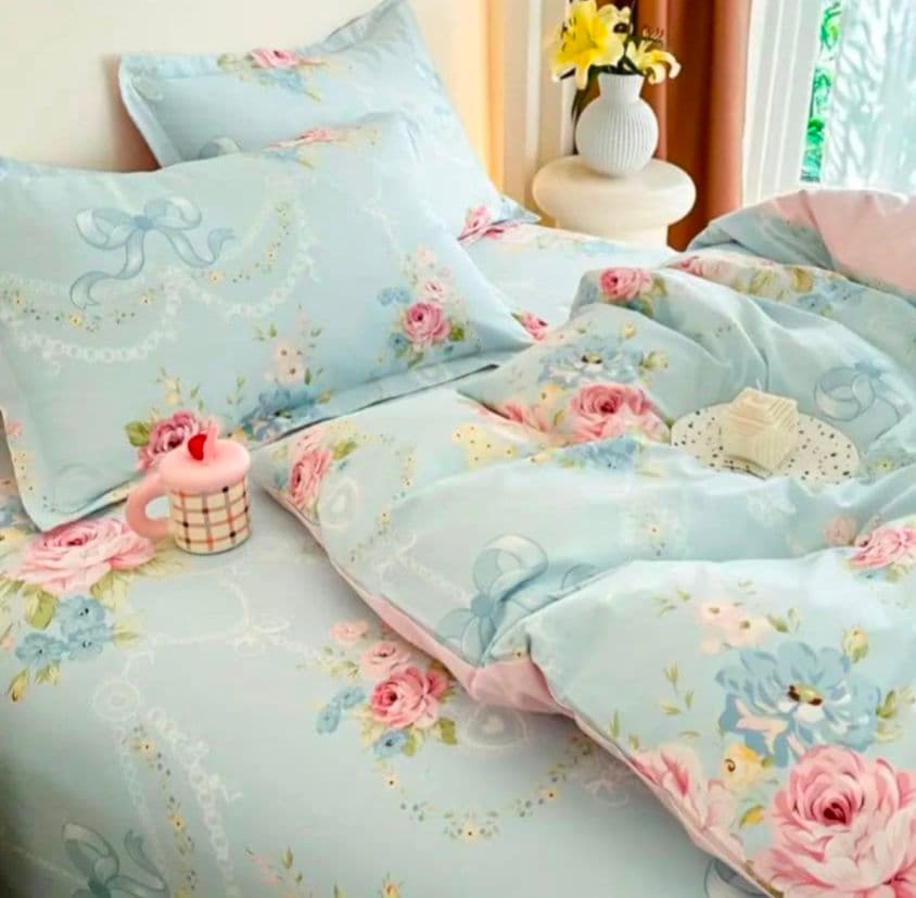 新品★水色薔薇小花リボンレース柄綿100%シングル掛け布団カバー1枕カバー2枚