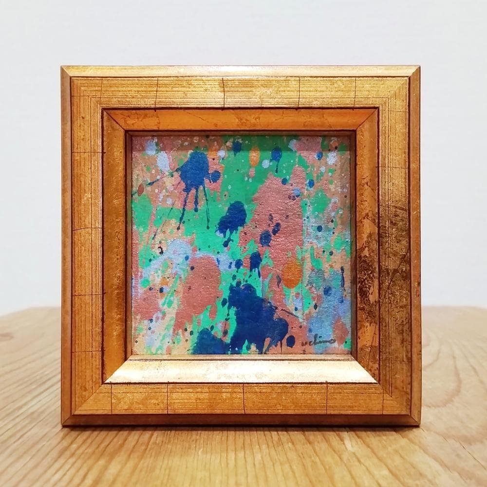 内野隆文　絵画作品　抽象画　段ボールにアクリル　現代アート　ミニ額　額縁