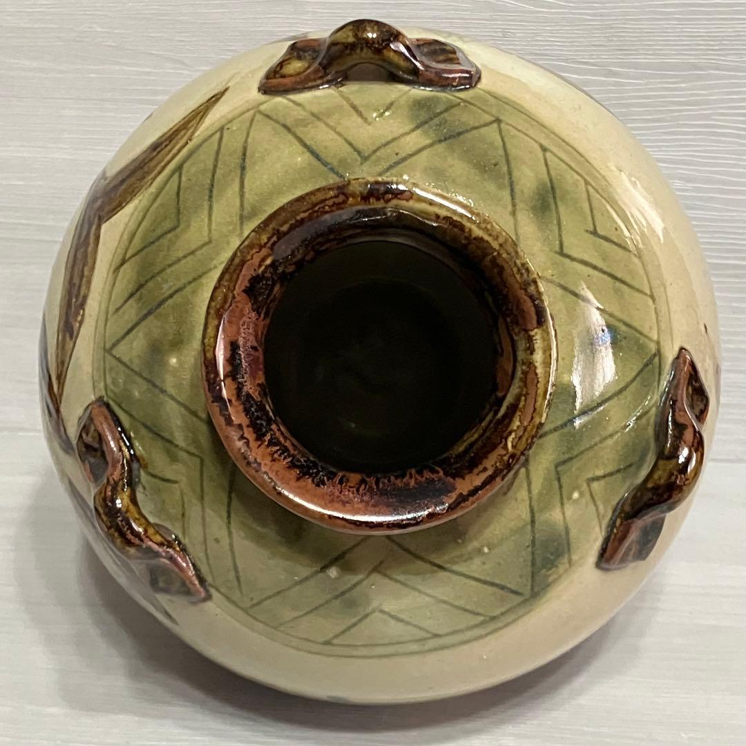 壺　魚紋　波文　置物　民藝 伝統工芸　インテリア　三耳壺　骨董　古道具