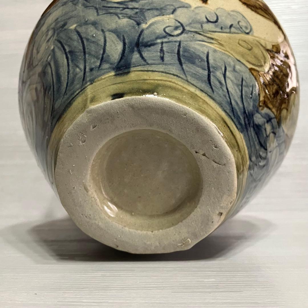 壺　魚紋　波文　置物　民藝 伝統工芸　インテリア　三耳壺　骨董　古道具