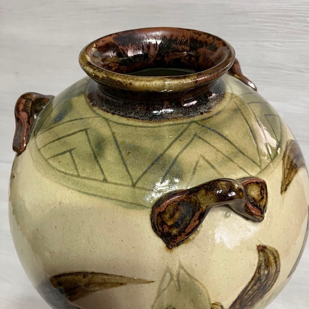 壺　魚紋　波文　置物　民藝 伝統工芸　インテリア　三耳壺　骨董　古道具