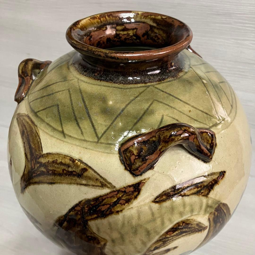 壺　魚紋　波文　置物　民藝 伝統工芸　インテリア　三耳壺　骨董　古道具