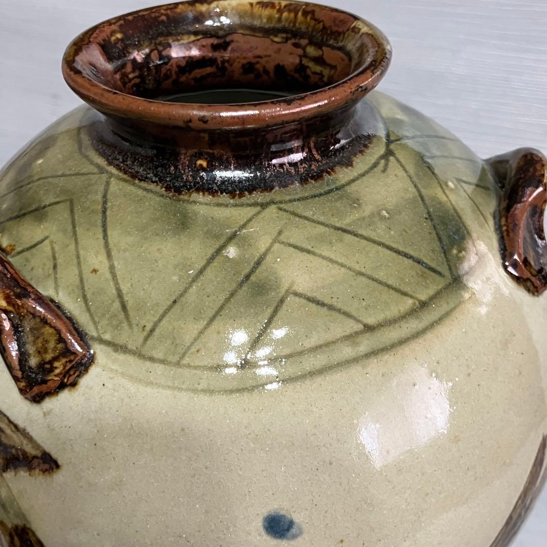 壺　魚紋　波文　置物　民藝 伝統工芸　インテリア　三耳壺　骨董　古道具