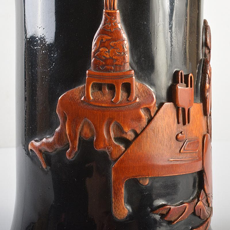 中国　古竹彫刻　黒漆　漢詩人物文　筆筒　時代箱付　G　R7384