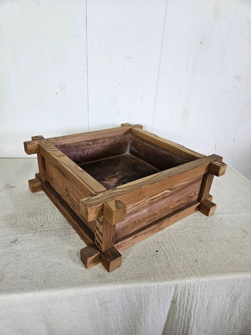 Japan vintage 焼杉水盤 井筒 銅落とし付き 花器 フラワーベース