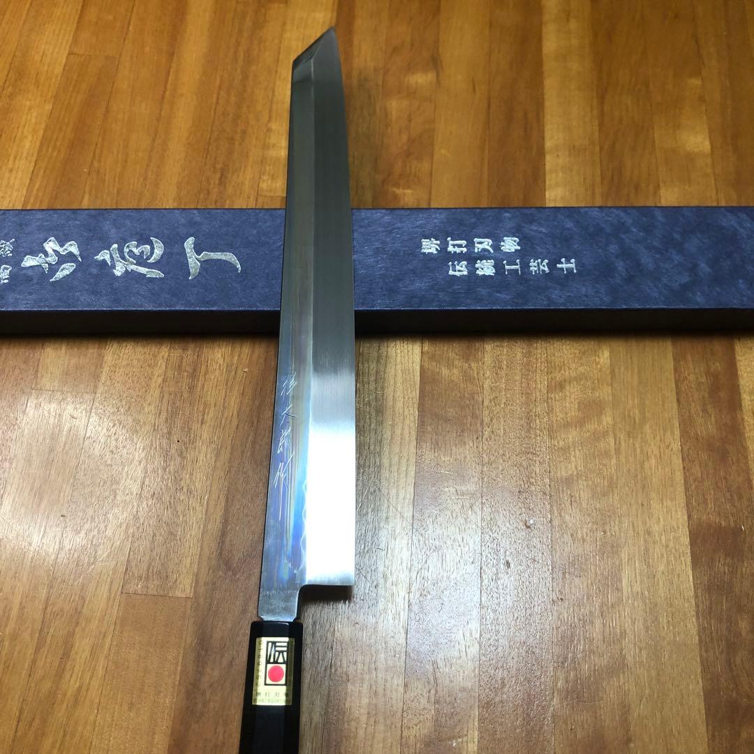 本焼 白鋼 池田美和 切付柳刃300mm 黒檀八角水牛柄