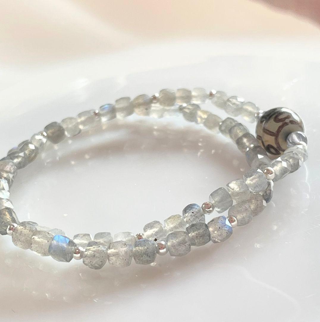 【逆 九眼天珠】5Aランク ラブラドライト ひと粒天珠のブレスレット 二重 美品