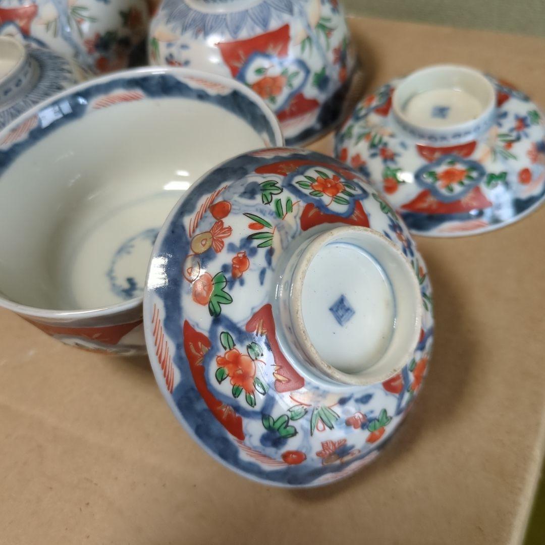 骨董 伊万里 古伊万里 蓋茶碗 色絵 煮物碗 飯碗 　アンティーク　5つ