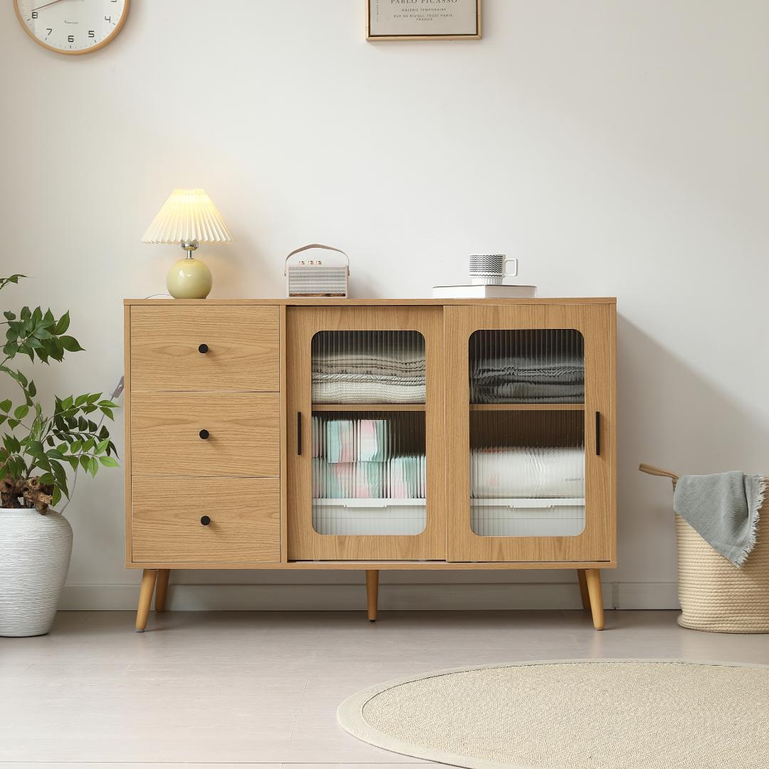 【ナチュラル】キャビネット サイドボード 食器棚 キッチン チェスト 引出し付