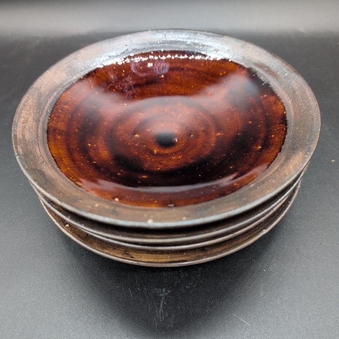 【新品】越前焼 アメ釉 陶器製 円形皿 4枚セット 陶芸家造