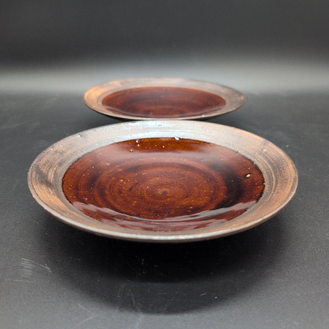 【新品】越前焼 アメ釉 陶器製 円形皿 4枚セット 陶芸家造