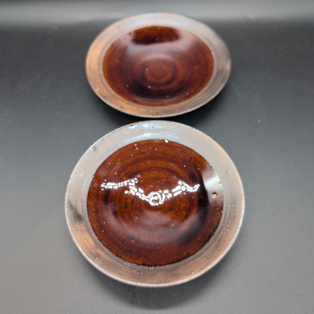 【新品】越前焼 アメ釉 陶器製 円形皿 4枚セット 陶芸家造