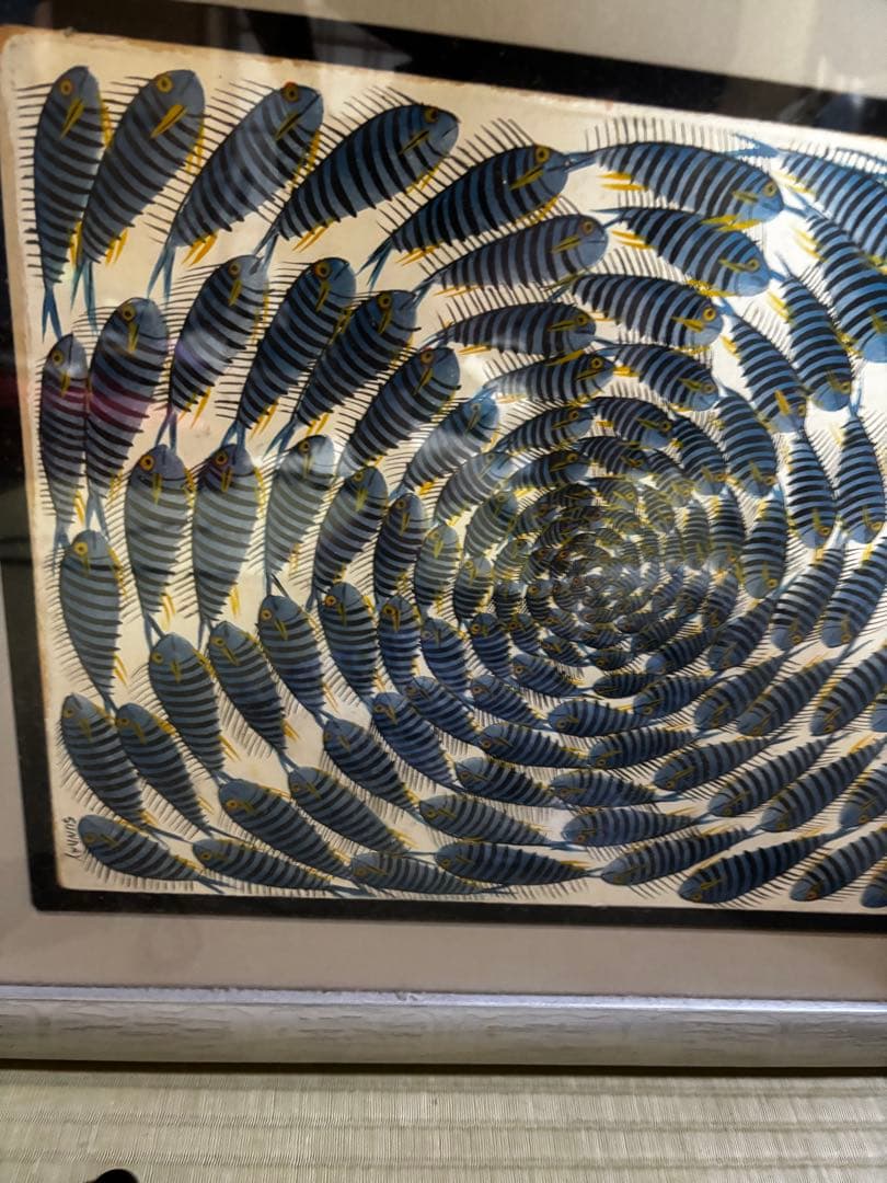 魚群 絵画 ティンガティンガアート風 49×42.5cm Sunday サイン