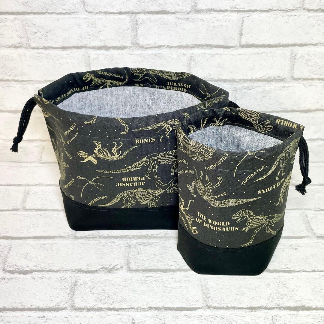 ＊化石(ダークカーキ)×黒　入園入学グッズ5点セット/裏地キルティング