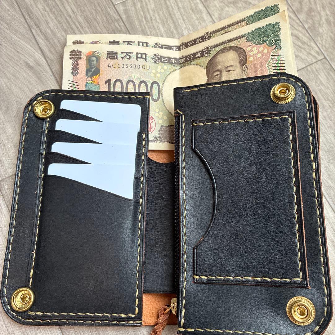 【茶芯ブラック】ミドルトラッカーウォレット　真鍮　お札を折らずに収納　タイプB