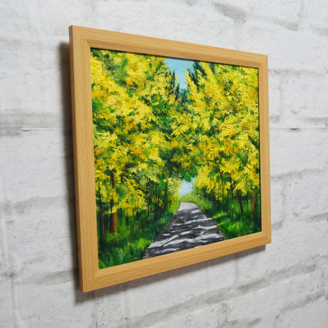 「光のトンネルを抜けて」ミモザの油絵 原画 色紙サイズ 額装付 幸福の黄色
