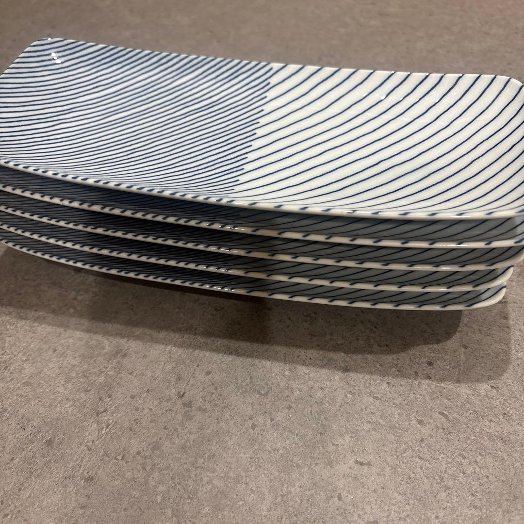 白山陶器　ストライプ模様の長方形皿5枚セット