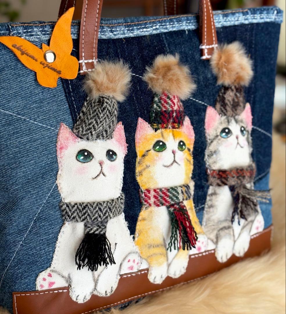 (手づくり)\"お出かけ待ち三兄弟\"ネコのアップリケデニムバッグねこ
