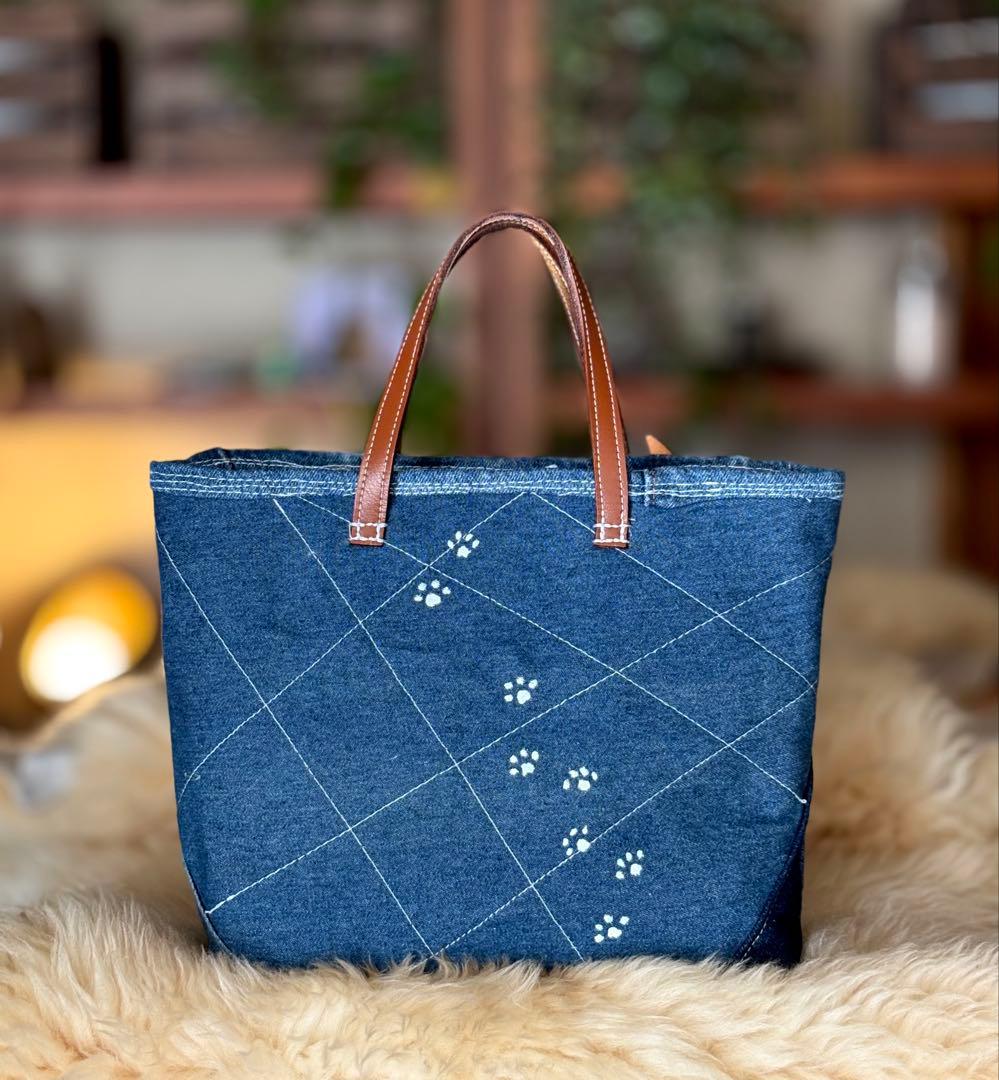 (手づくり)\"お出かけ待ち三兄弟\"ネコのアップリケデニムバッグねこ