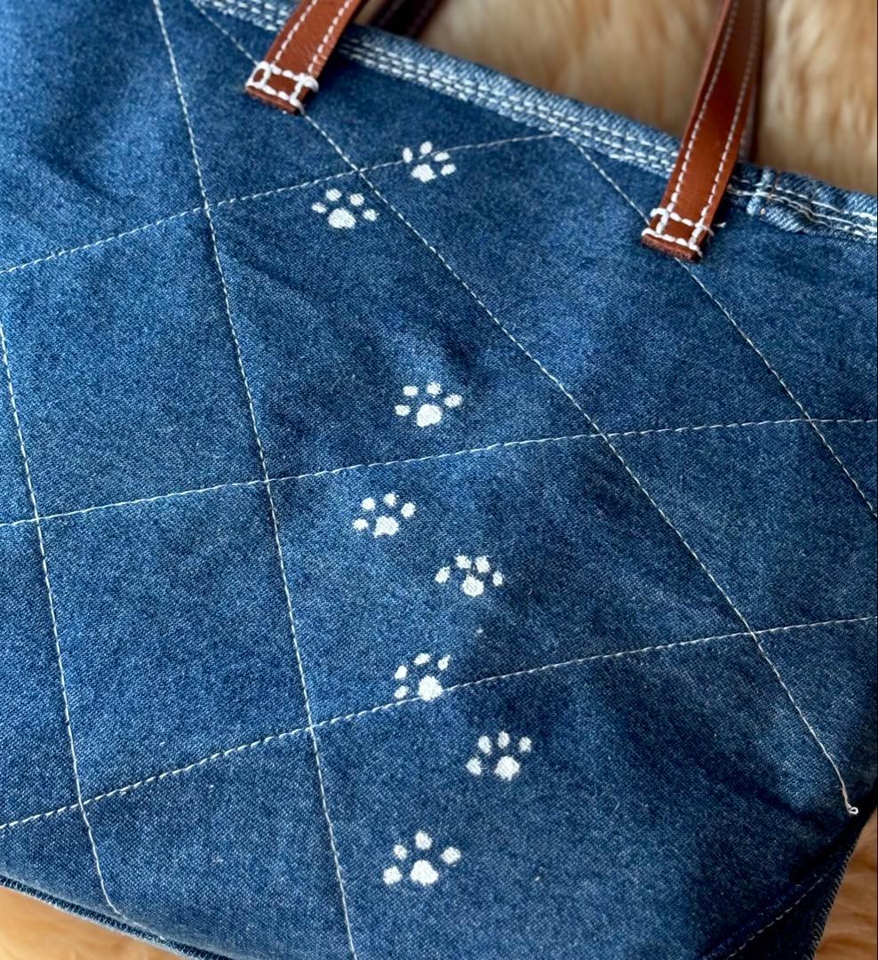 (手づくり)\"お出かけ待ち三兄弟\"ネコのアップリケデニムバッグねこ