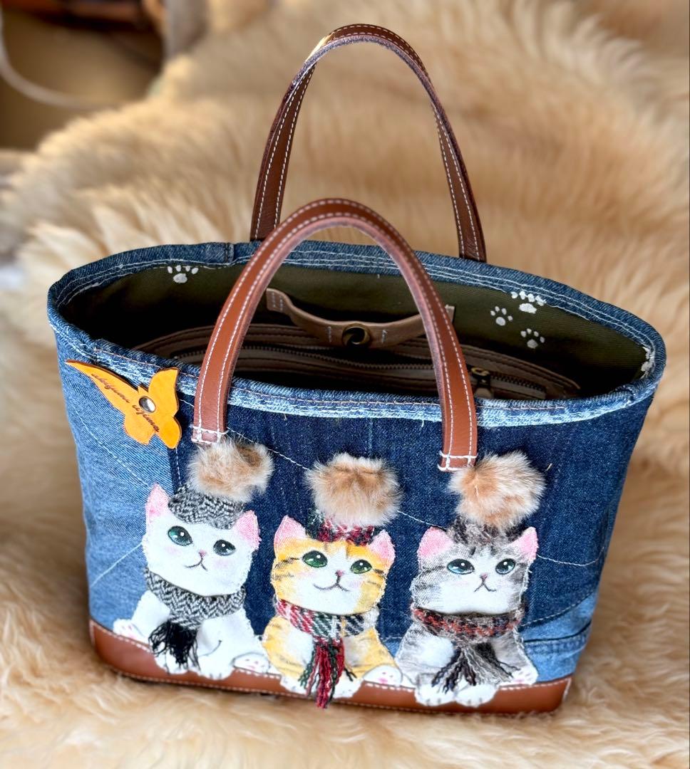 (手づくり)\"お出かけ待ち三兄弟\"ネコのアップリケデニムバッグねこ