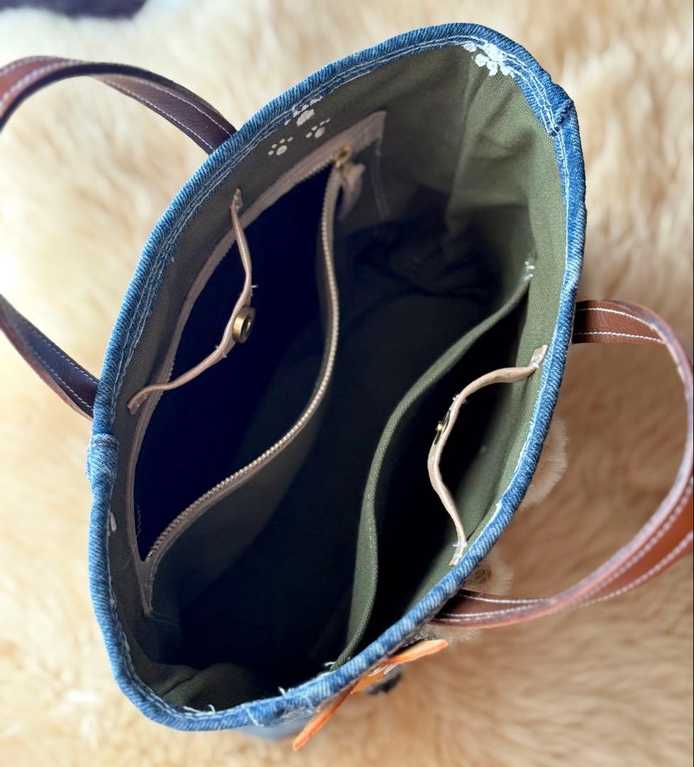 (手づくり)\"お出かけ待ち三兄弟\"ネコのアップリケデニムバッグねこ