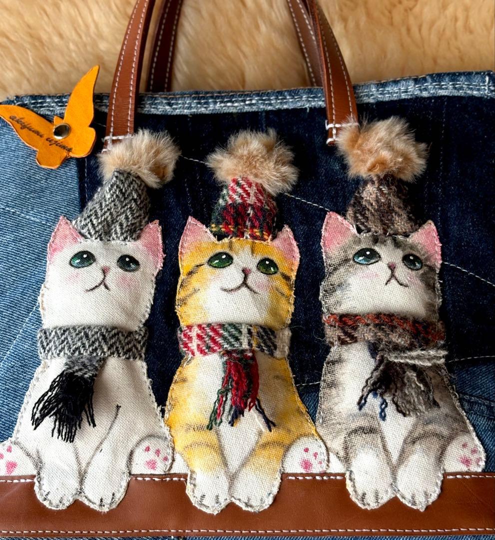 (手づくり)\"お出かけ待ち三兄弟\"ネコのアップリケデニムバッグねこ