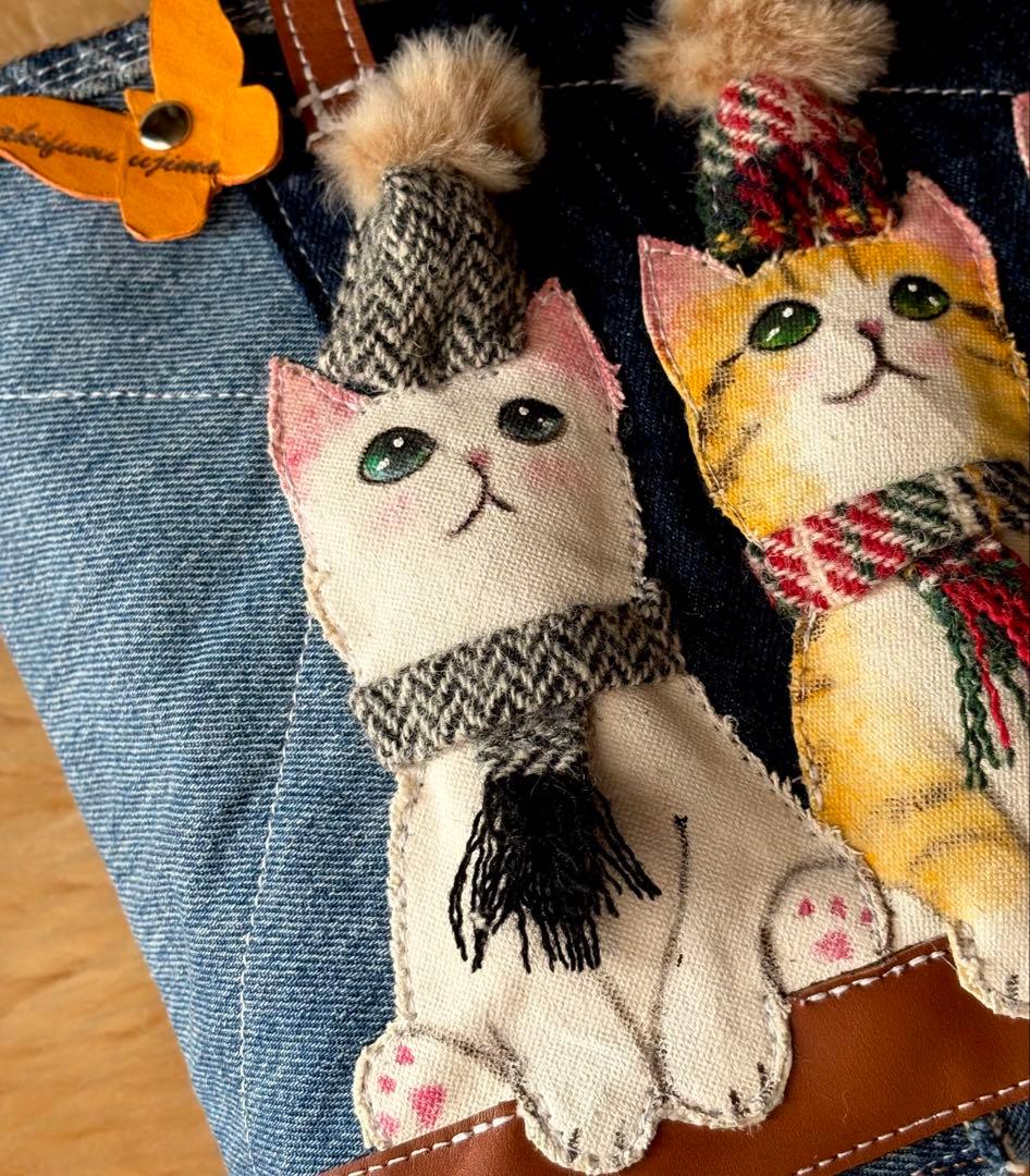 (手づくり)\"お出かけ待ち三兄弟\"ネコのアップリケデニムバッグねこ