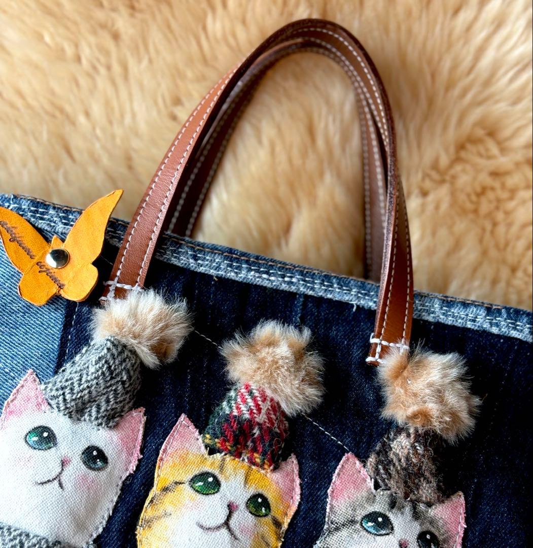 (手づくり)\"お出かけ待ち三兄弟\"ネコのアップリケデニムバッグねこ