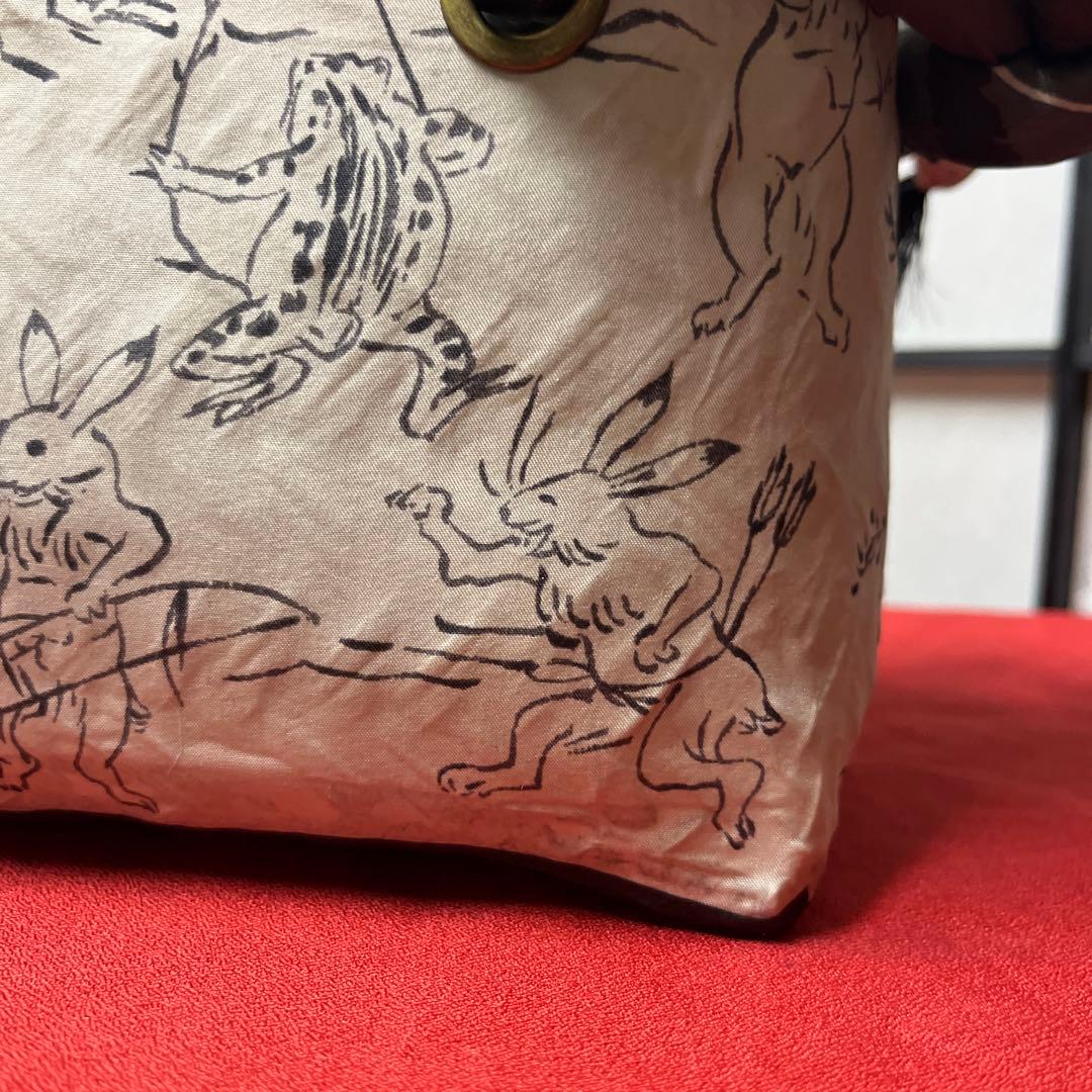 鳥獣戯画 一閑張り バッグ かごバッグ ハンドバッグ 正絹 古布 兎 蛙 黒白