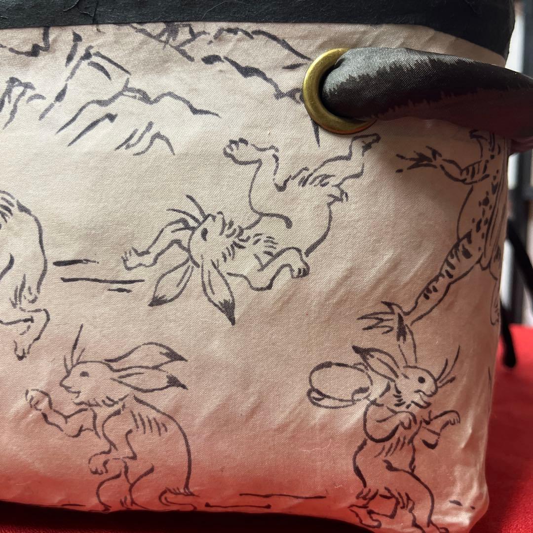 鳥獣戯画 一閑張り バッグ かごバッグ ハンドバッグ 正絹 古布 兎 蛙 黒白