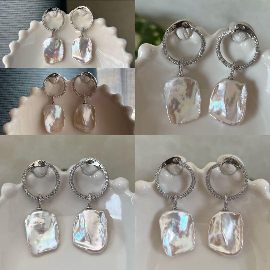 3点まとめ　オイスターパールネックレス　ケシパールフープピアス　ケシパールリング