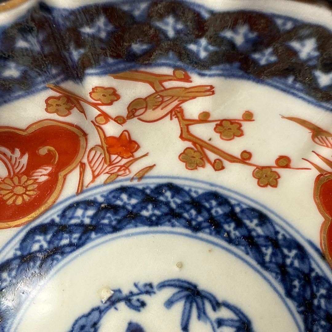 幕末〜明治期　色絵梅鶯文様輪花形膾皿　五客　冨貴長春　裏唐草文様　古器を楽しむ