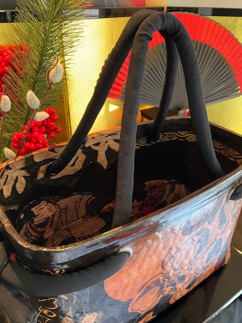 一閑張り　一閑張りバッグ　古文書　着物　浮世絵　歌川国芳　相馬の古内裏