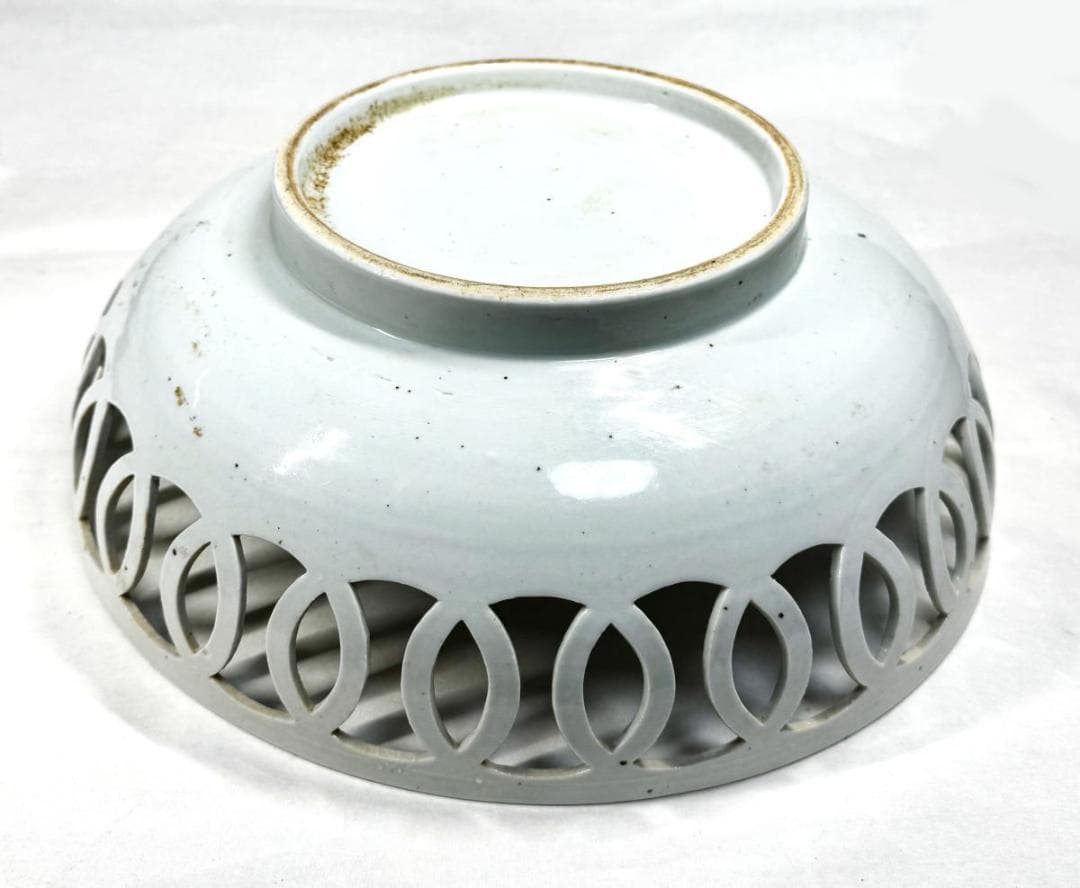 江戸時代 古伊万里 花卉虎紋様透かし彫り大鉢 青花 菓子器 伝世品WWTT186