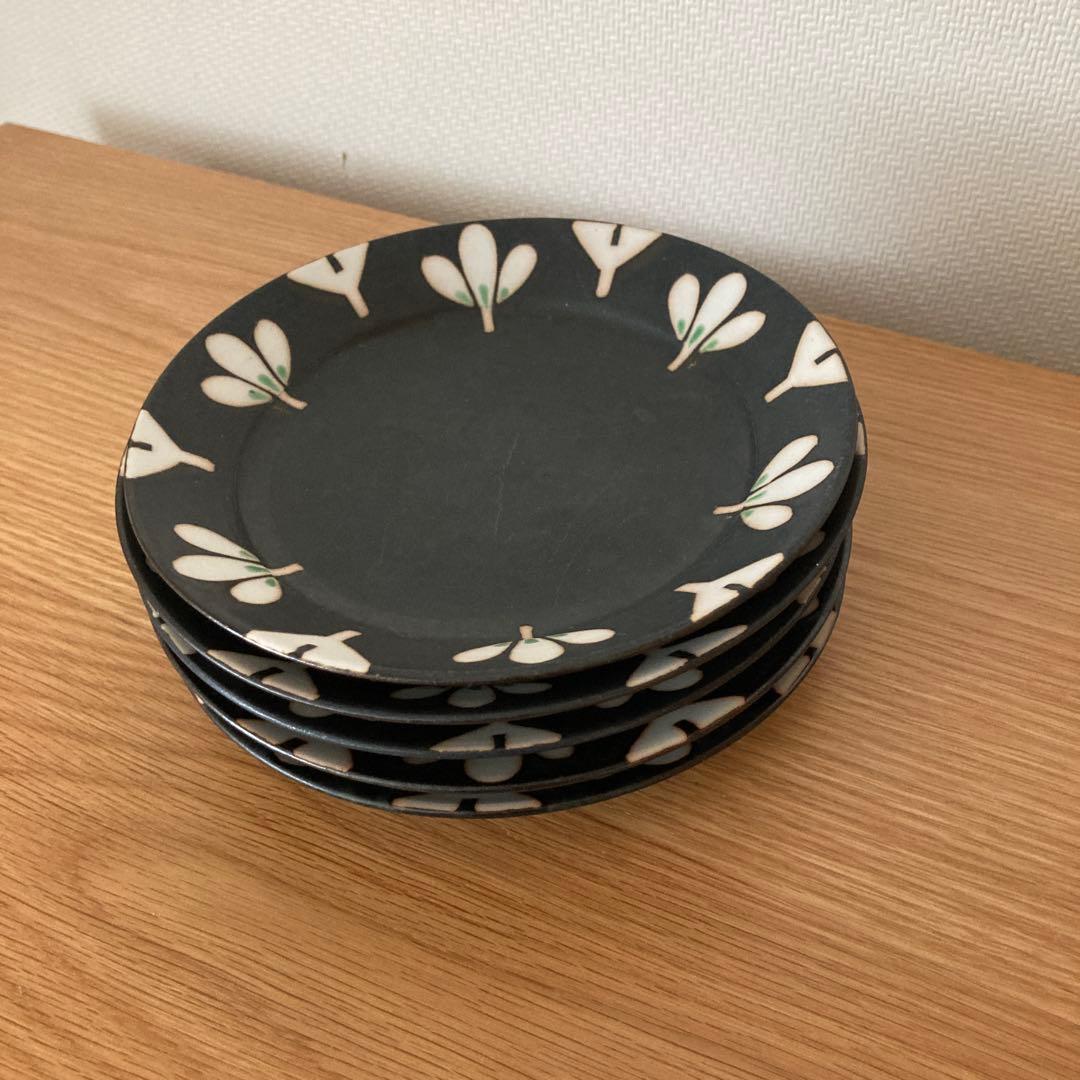 作家もの　庄田春海 さん　黒みつば　ケーキ皿　5枚セット