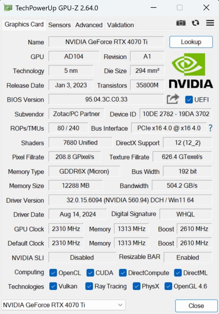グラフィックボード・グラボ・ビデオカード GeForce RTX4070ti GDDR6X-12GB