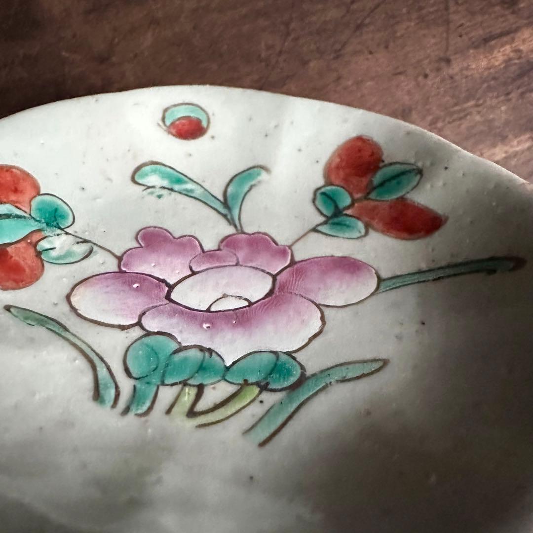 【希少】清朝期　粉彩　花の図　輪花皿　台皿　中国古玩　中国美術　骨董品　B