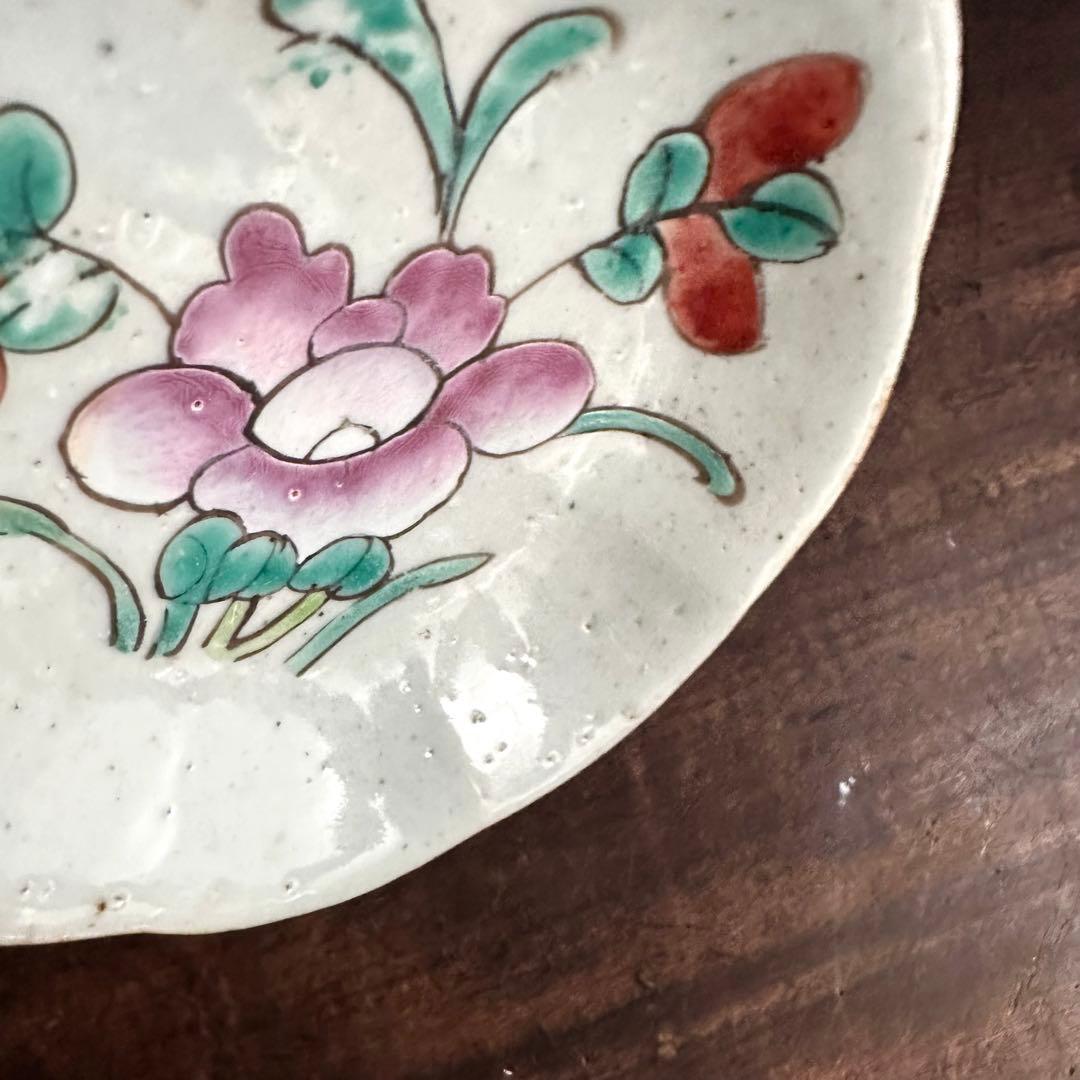【希少】清朝期　粉彩　花の図　輪花皿　台皿　中国古玩　中国美術　骨董品　B