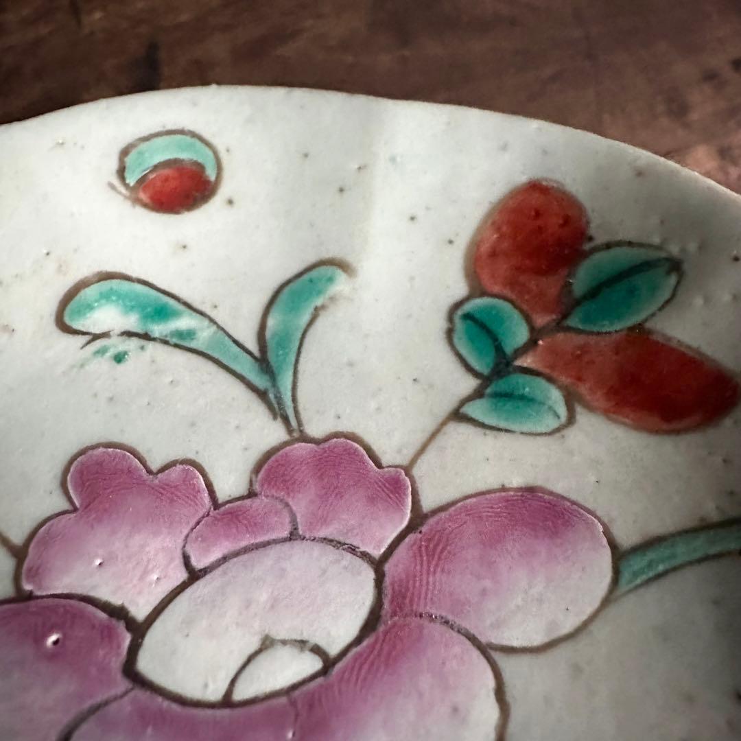【希少】清朝期　粉彩　花の図　輪花皿　台皿　中国古玩　中国美術　骨董品　B