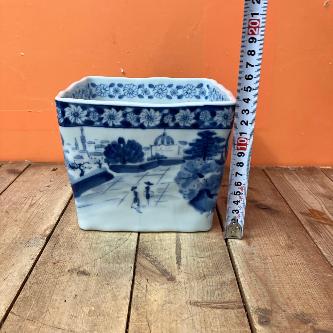 D-壁 染付 角鉢 陶器 植木鉢 鉢カバー 盆栽鉢 メダカ鉢 睡蓮鉢 景色図 風