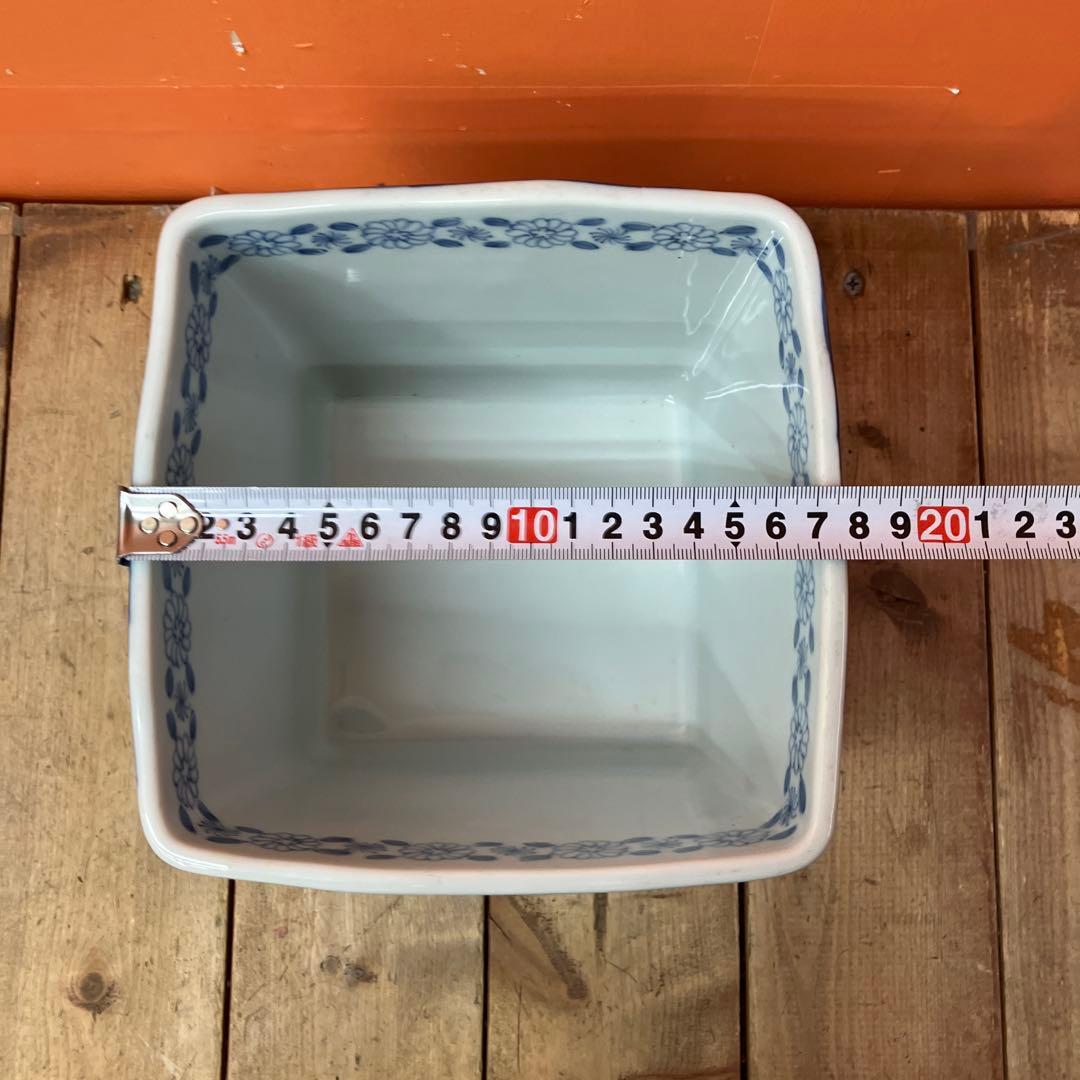 D-壁 染付 角鉢 陶器 植木鉢 鉢カバー 盆栽鉢 メダカ鉢 睡蓮鉢 景色図 風