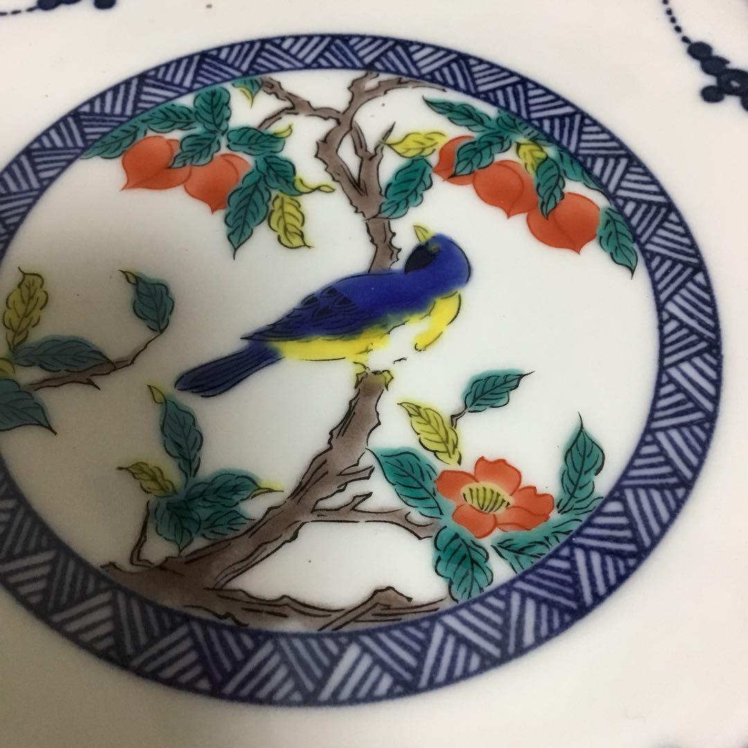 九谷焼丸紋染め付け花鳥絵　丸型5枚揃え
