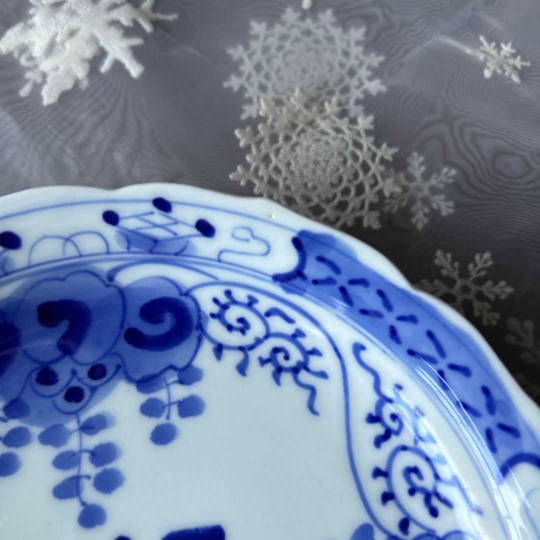 古伊万里　骨董　アンティーク　染付桐文輪花皿　3枚セット