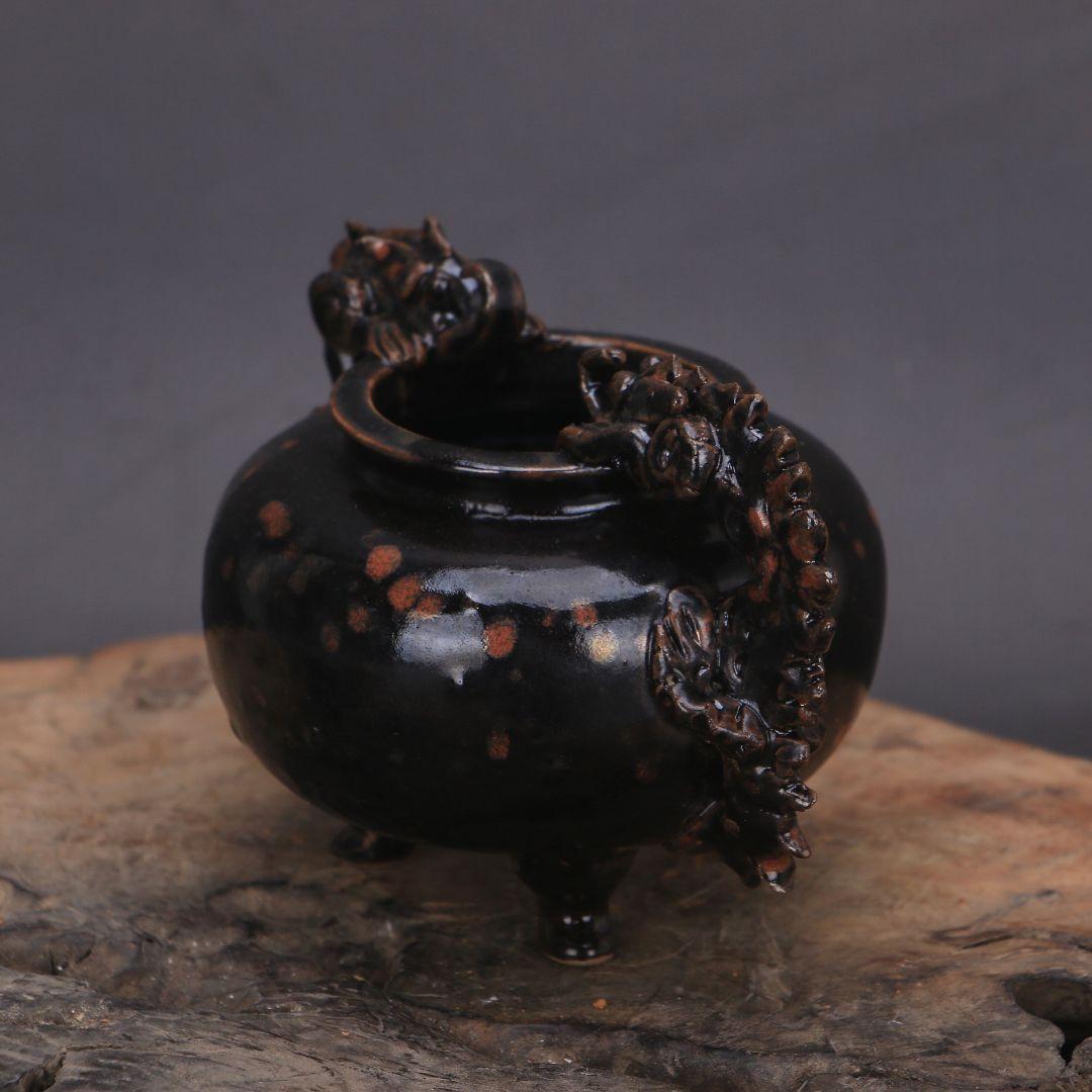 宋  黒釉点彩双耳竜紋三足香炉   陶磁器 装飾品 現代工芸品美術品 置物