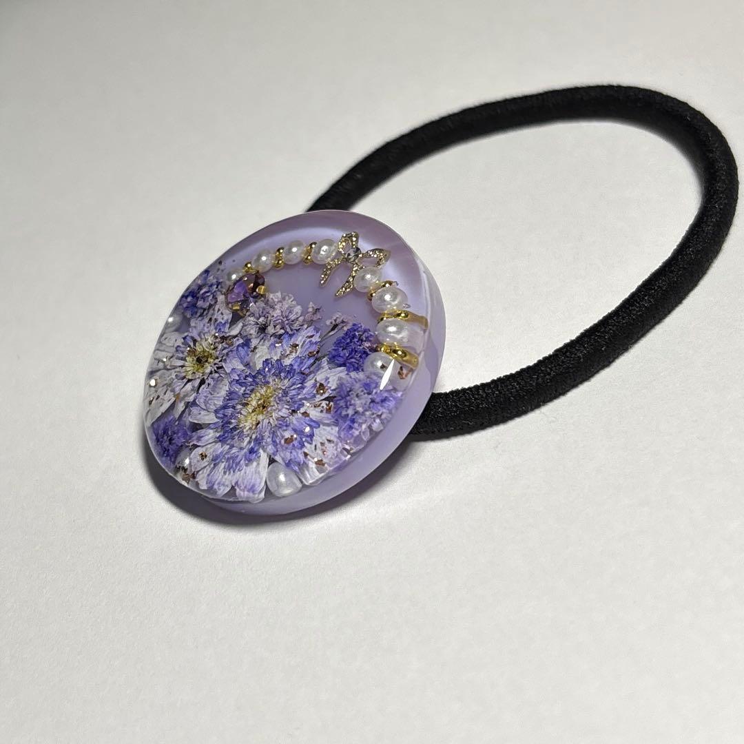 レジン　ヘアゴム　マトリカリア　花カゴ風　パープル系　紫　55