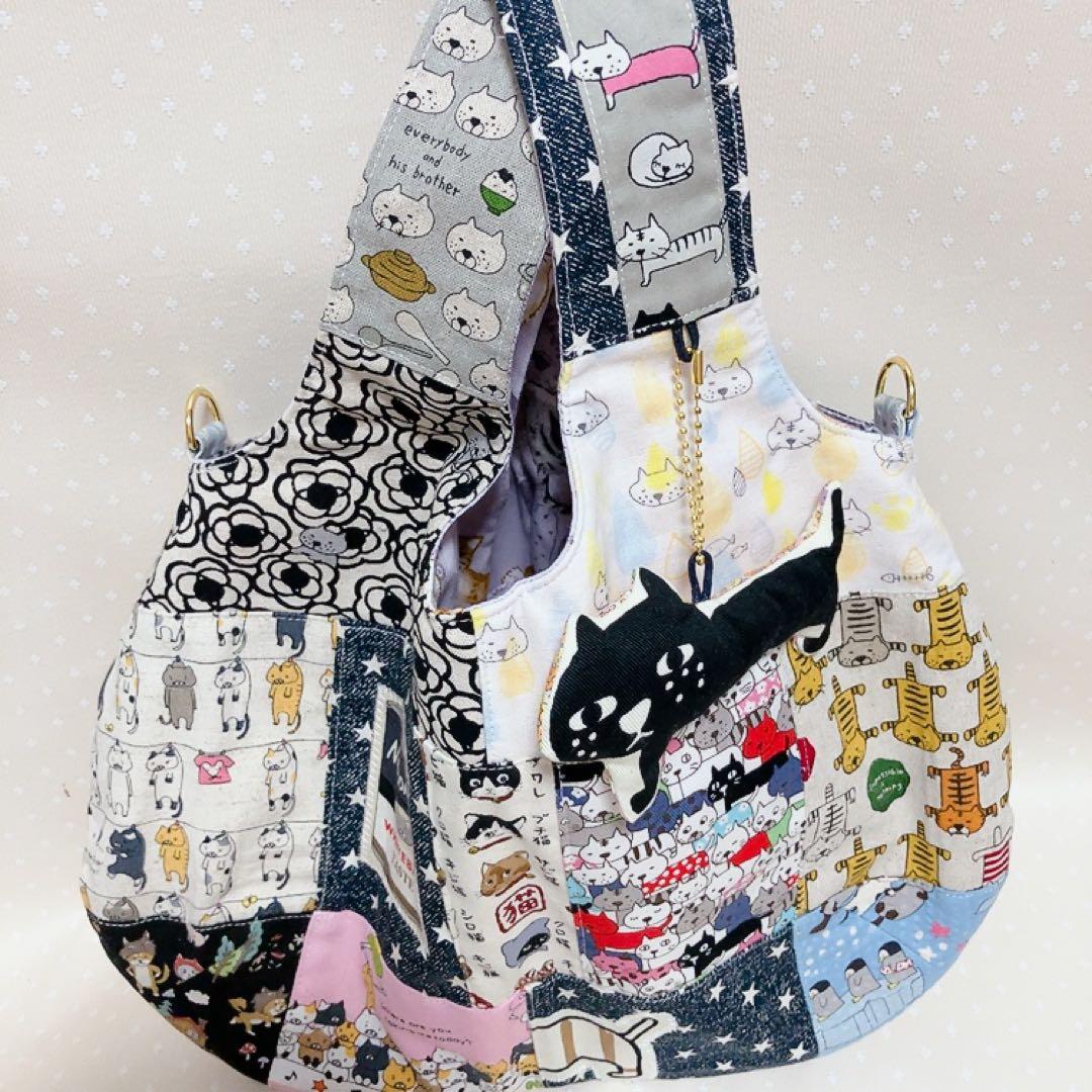 パッチワークグラニーバッグ トートバッグ 猫生地アソート でかねこチャーム付き