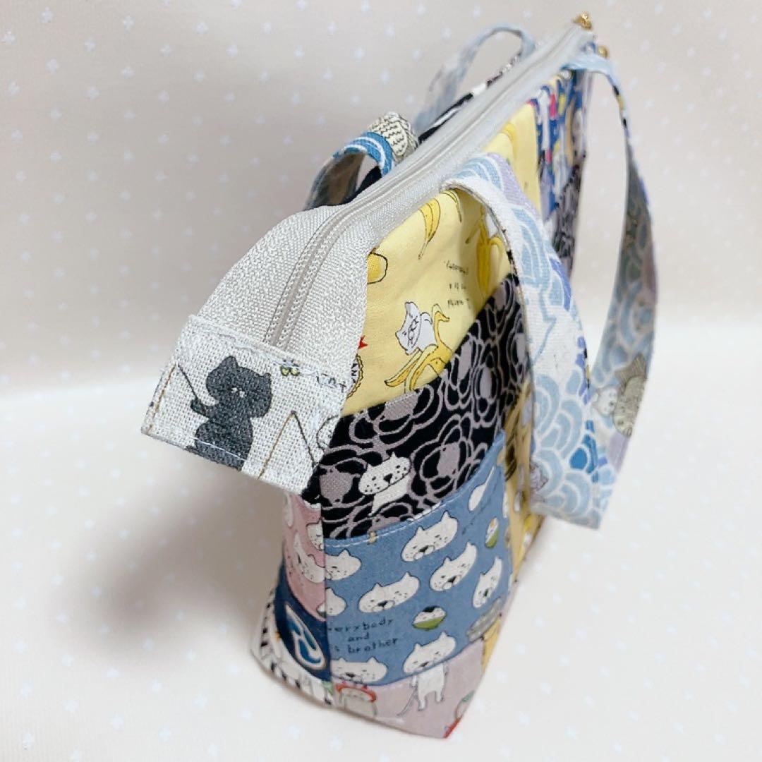 パッチワークグラニーバッグ トートバッグ 猫生地アソート でかねこチャーム付き